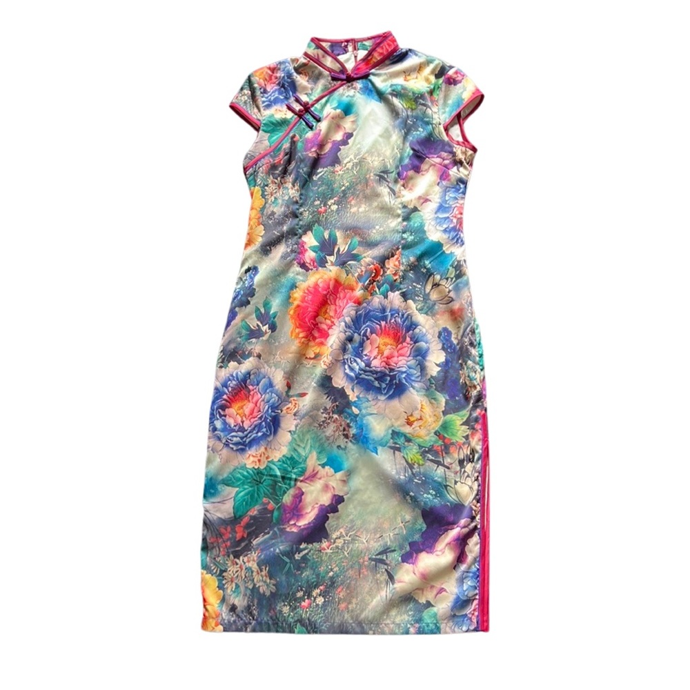 Silk mandarin collar floral print vintage dress